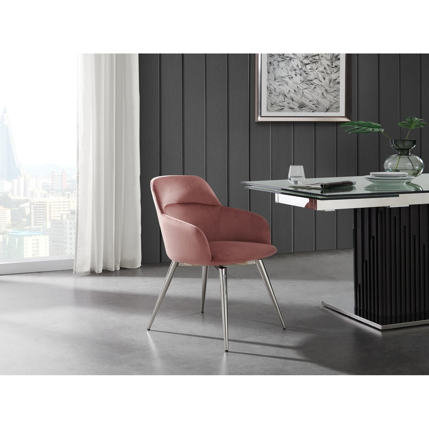 Casabianca Home Pirouette 180 swivel dining chair in dusty pink velvet.
