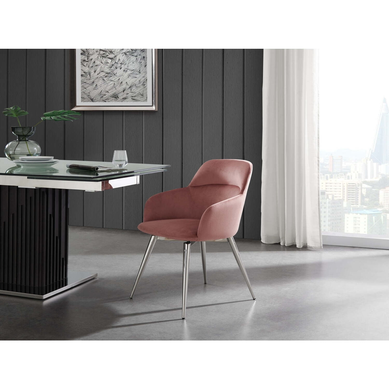 Casabianca Home Pirouette 180 swivel dining chair in dusty pink velvet.