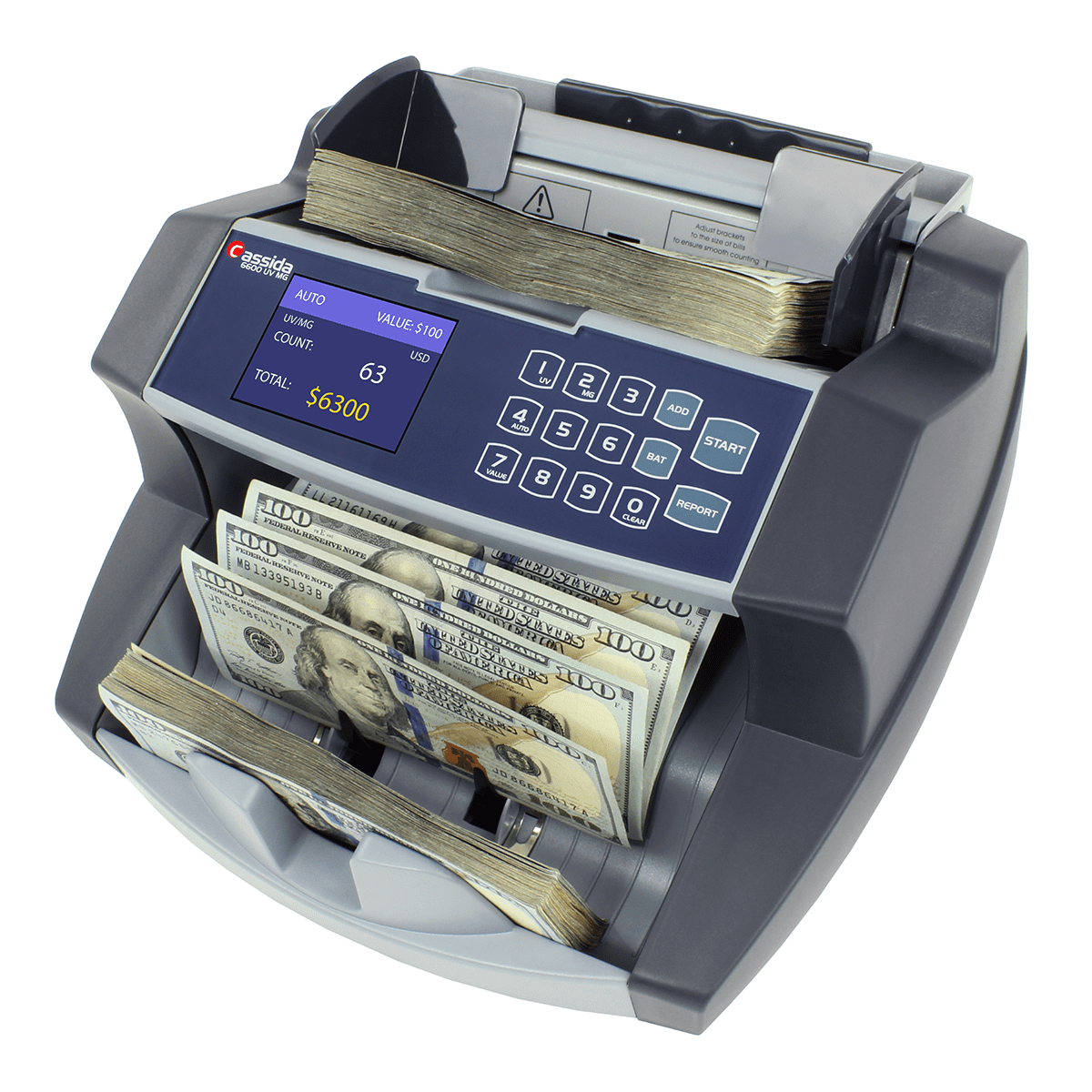Cassida 6600 UV/MG Business Grade Currency Counter Machine, High-Speed Bill Counter and Cash Handling Equipment with a 400 Bill Hopper Capacity, Counts 1400 Bill/Min
