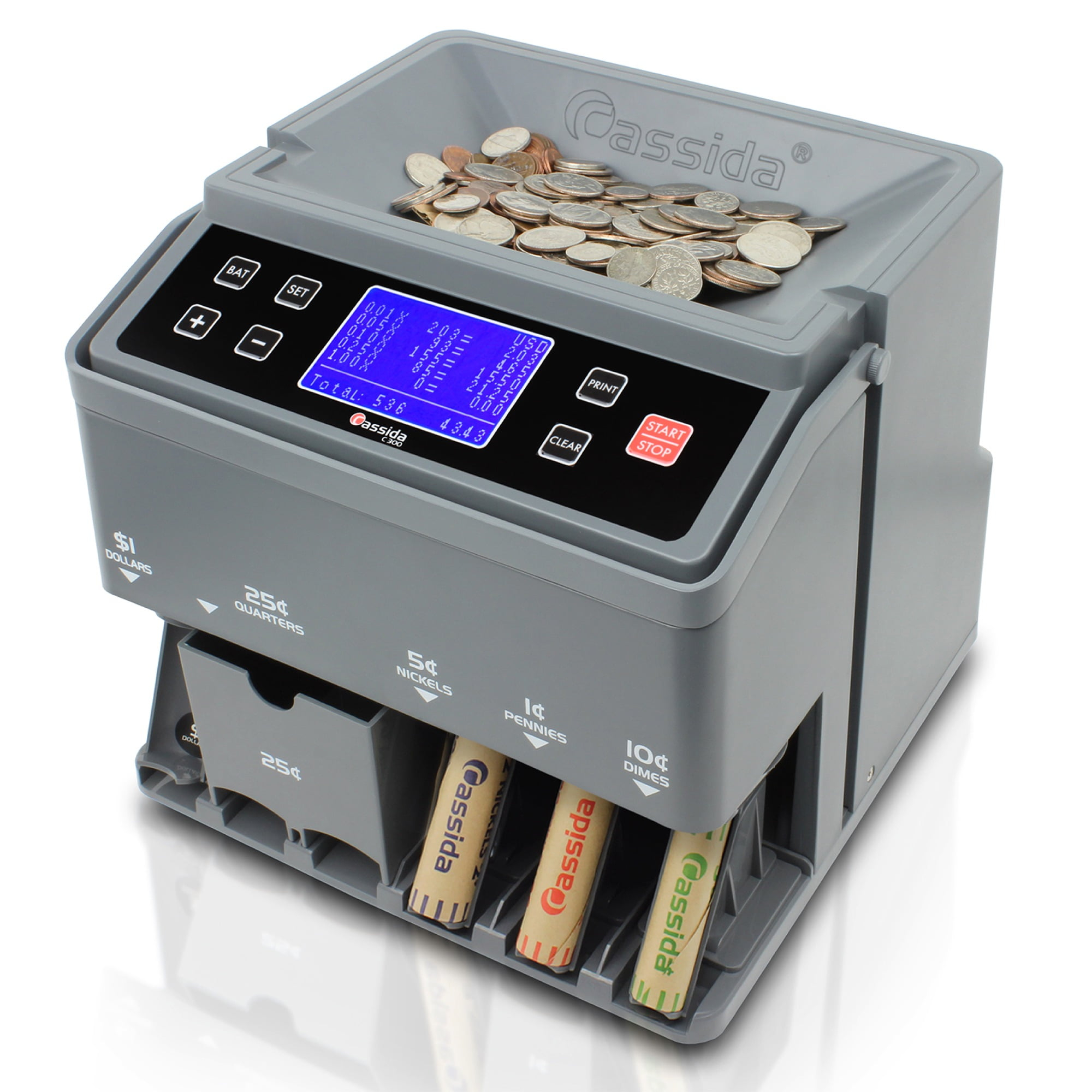 Cassida C300 Coin Counter/Sorter with a 300 Coins Per Minute Speed | Printing Compatible | Quickload Technology