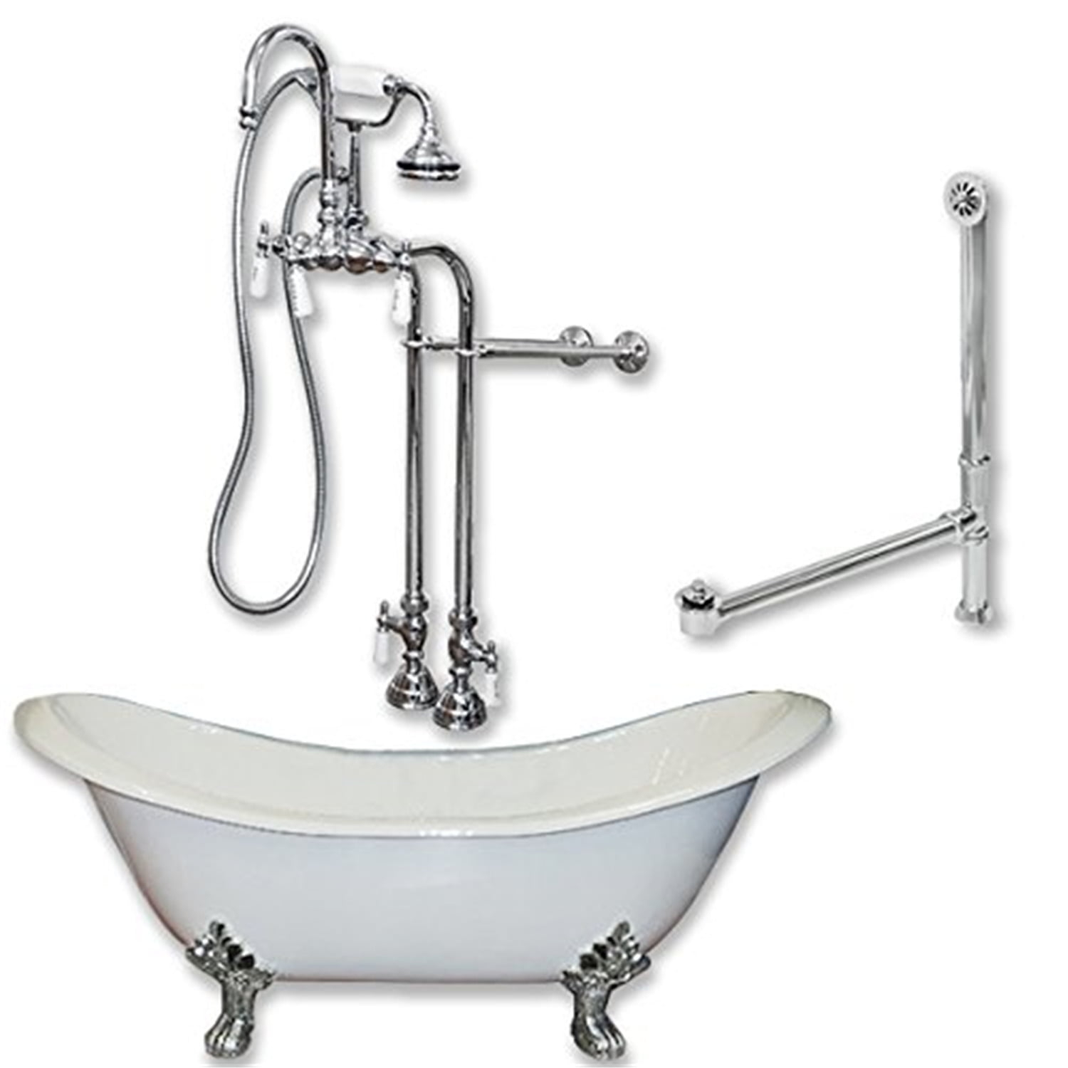 Cast Iron Double Ended Clawfoot Tub 60" X 30" with 7" Deck Mount Faucet Drillings and Polished Chrome Feet