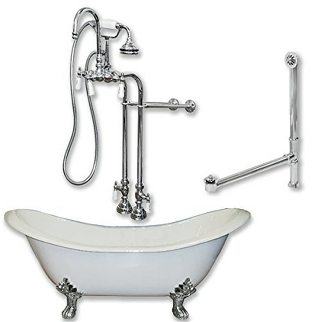 Cast Iron Double Ended Clawfoot Tub 60" X 30" with 7" Deck Mount Faucet Drillings and Polished Chrome Feet
