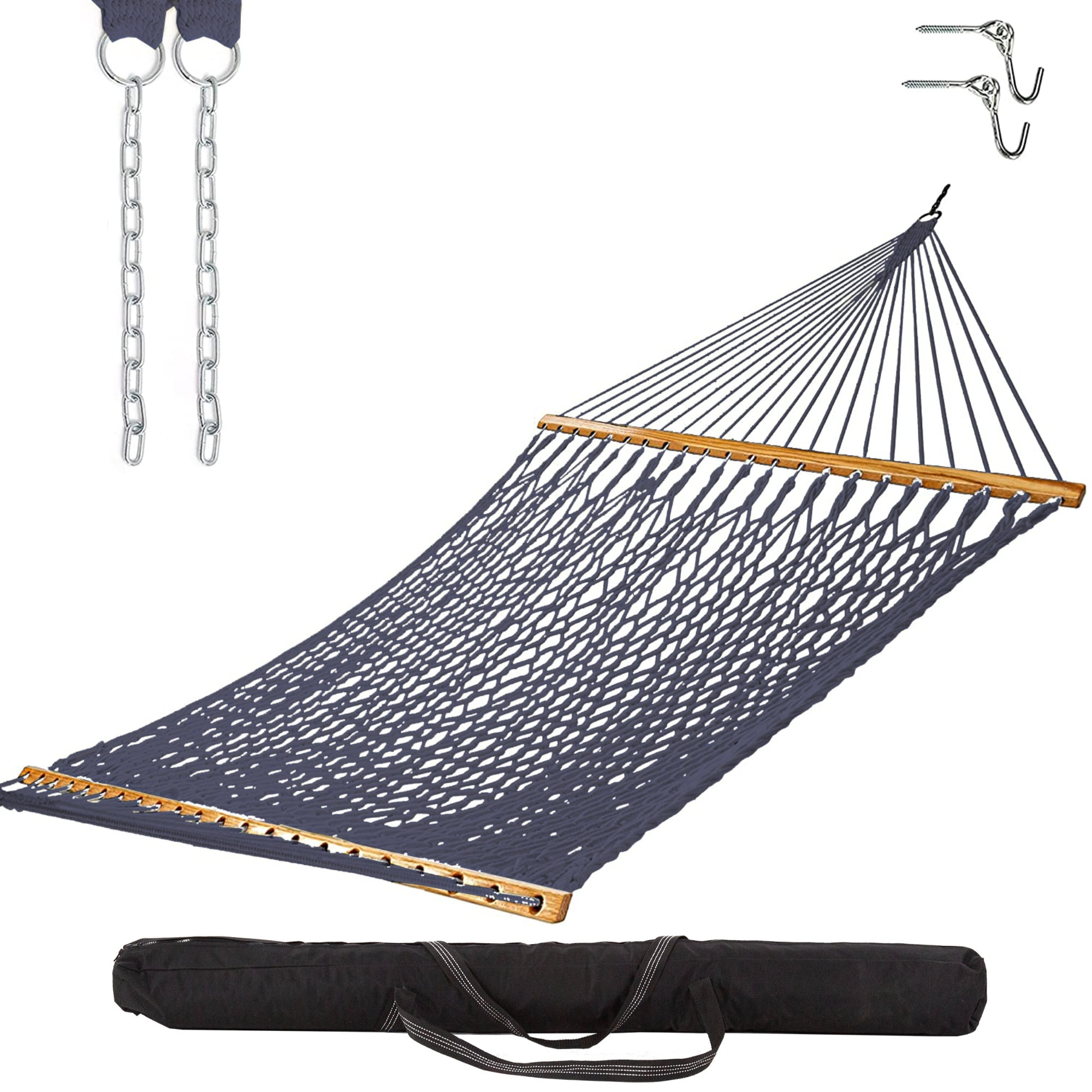 Castaway Living 13 ft. Double Navy Polyester Rope Hammock with Free Extension Chains ,Tree Hooks & Storage Bag