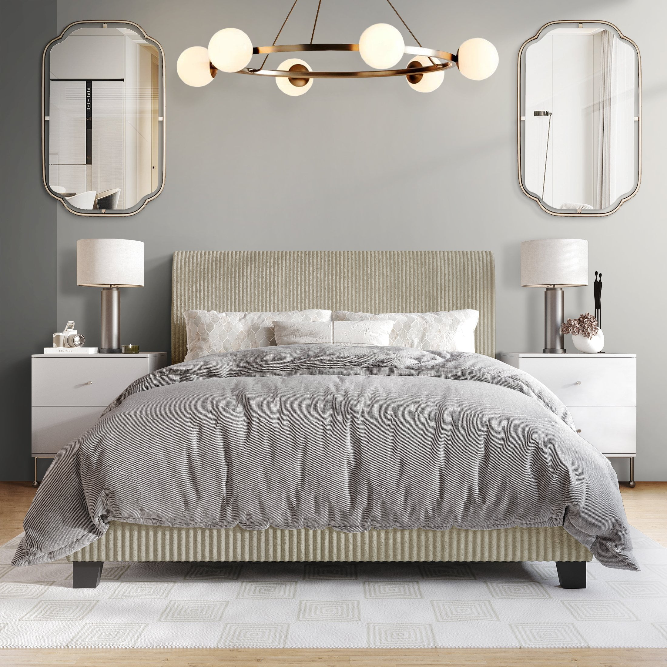 Castle Place Elegante Cama Matrimonial Tapizada en Terciopelo de Pana Beige