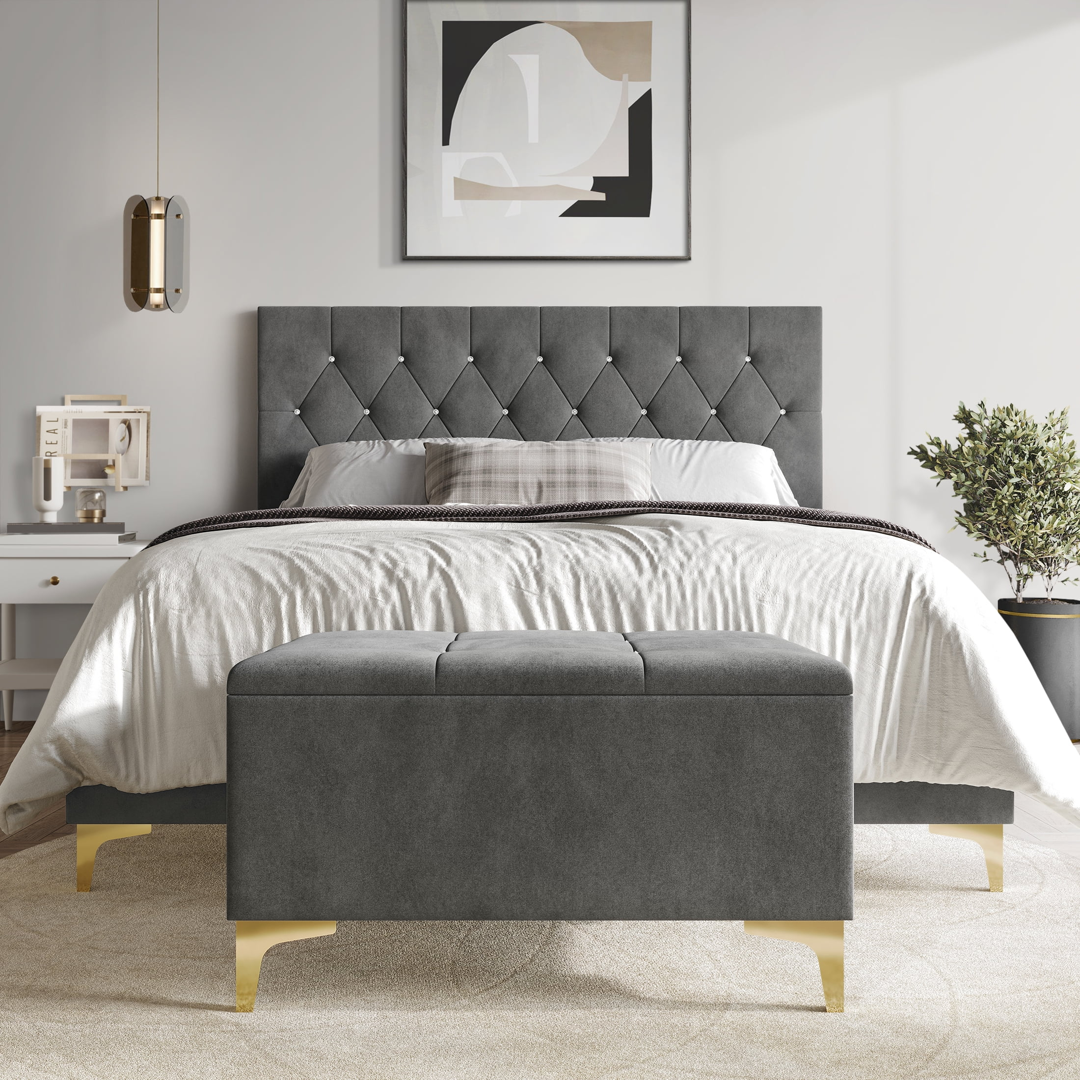 Castle Place Contemporary Crystal Queen Size Velvet Upholstered Bed with Storage Bench, Light Grey