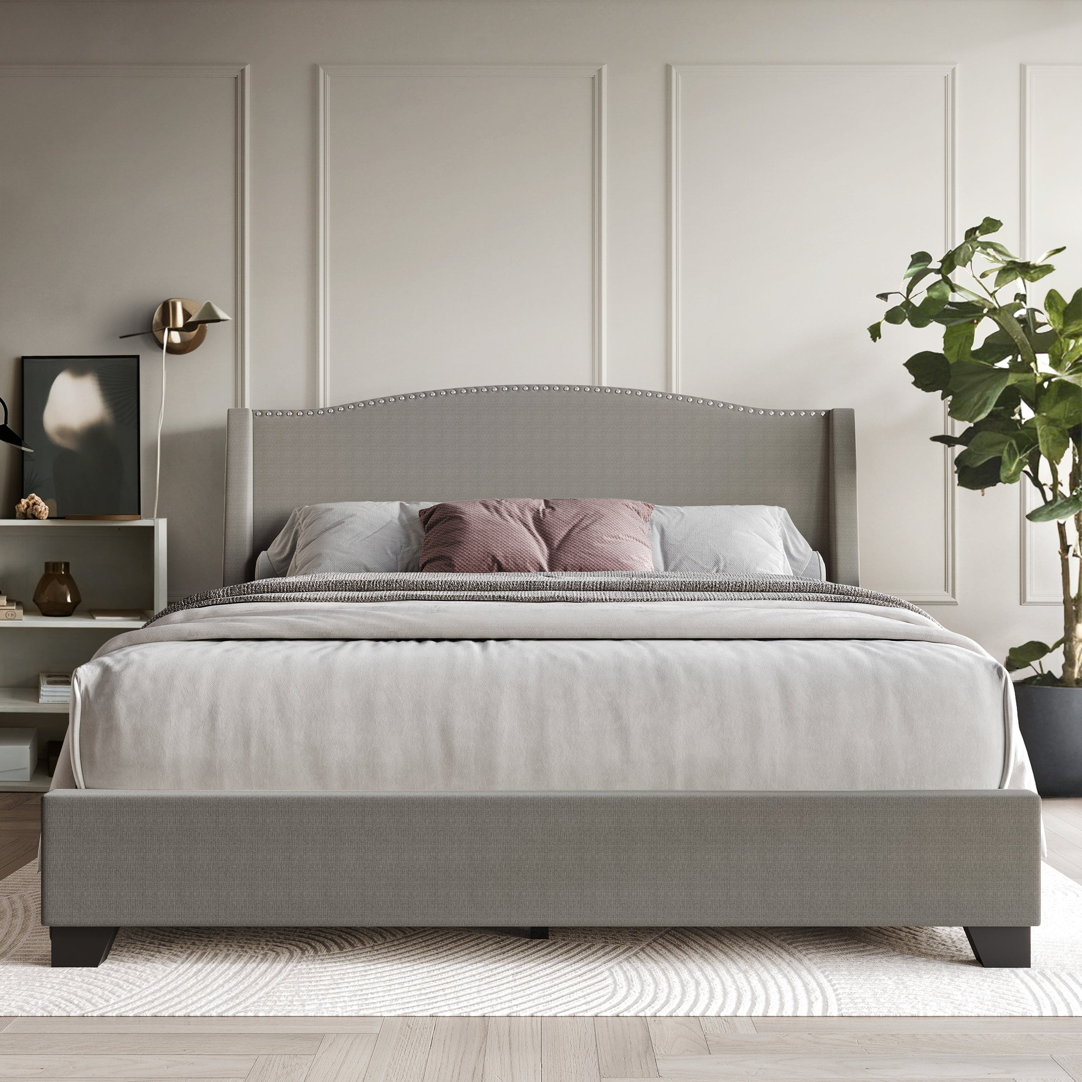 Castle Place Elegant Linen King Platform Bed with Storage, LIght Grey