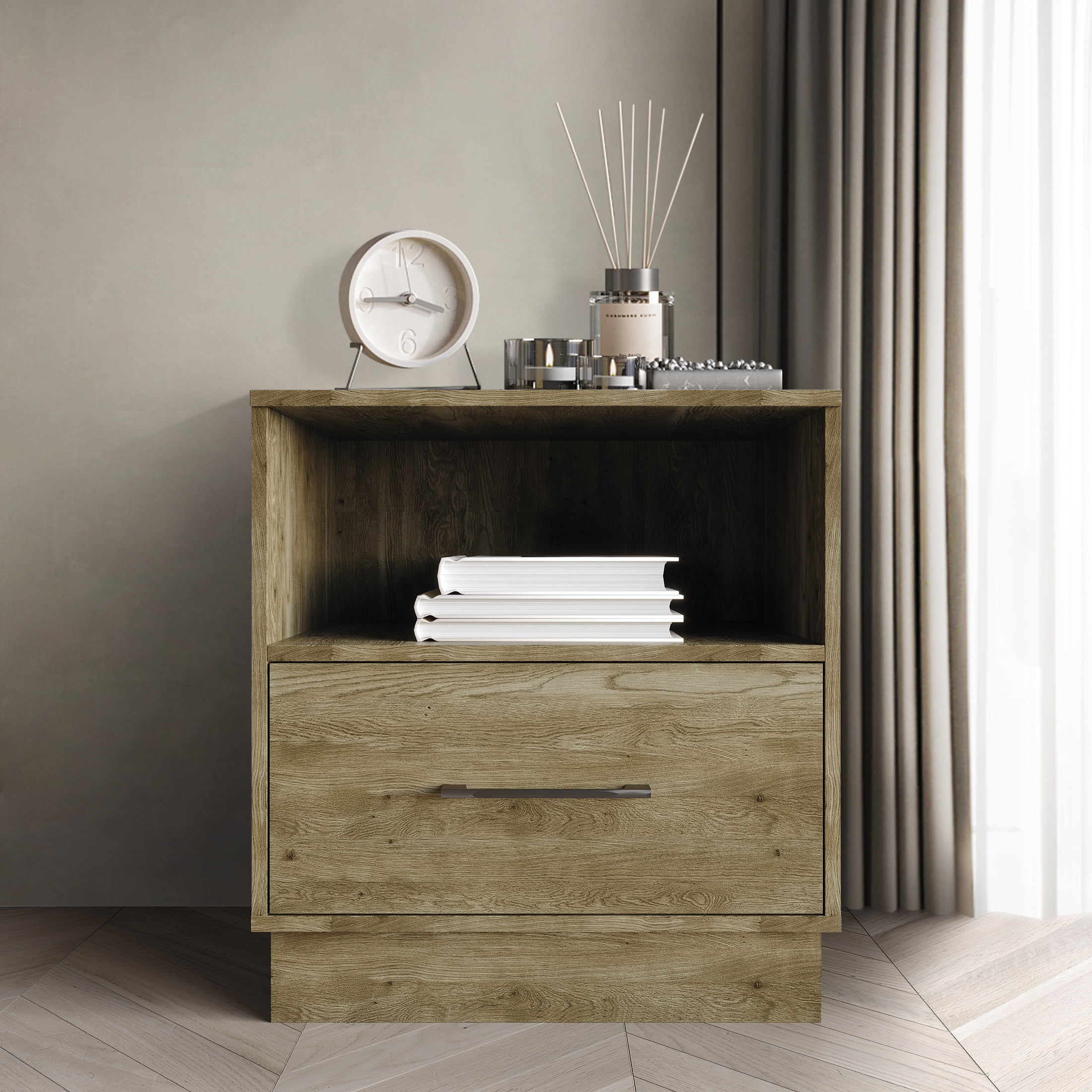 Castle Place Rustic Wood 1 Drawer Nightstand, Brown Oak