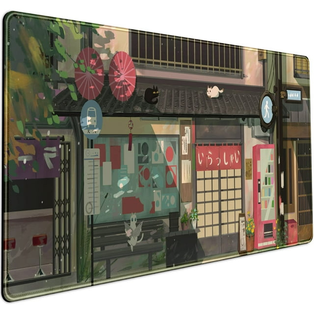 Cat Cafe Desk Mat Cute Anime Mouse Pads, Kawaii Desk Pad Large Gaming Mousepad XXL 31.5x15.75 in, Japanese Street Aesthetic Keyboard Mat Pad, Laptop Computer Desktop Decor Mat for Women Office