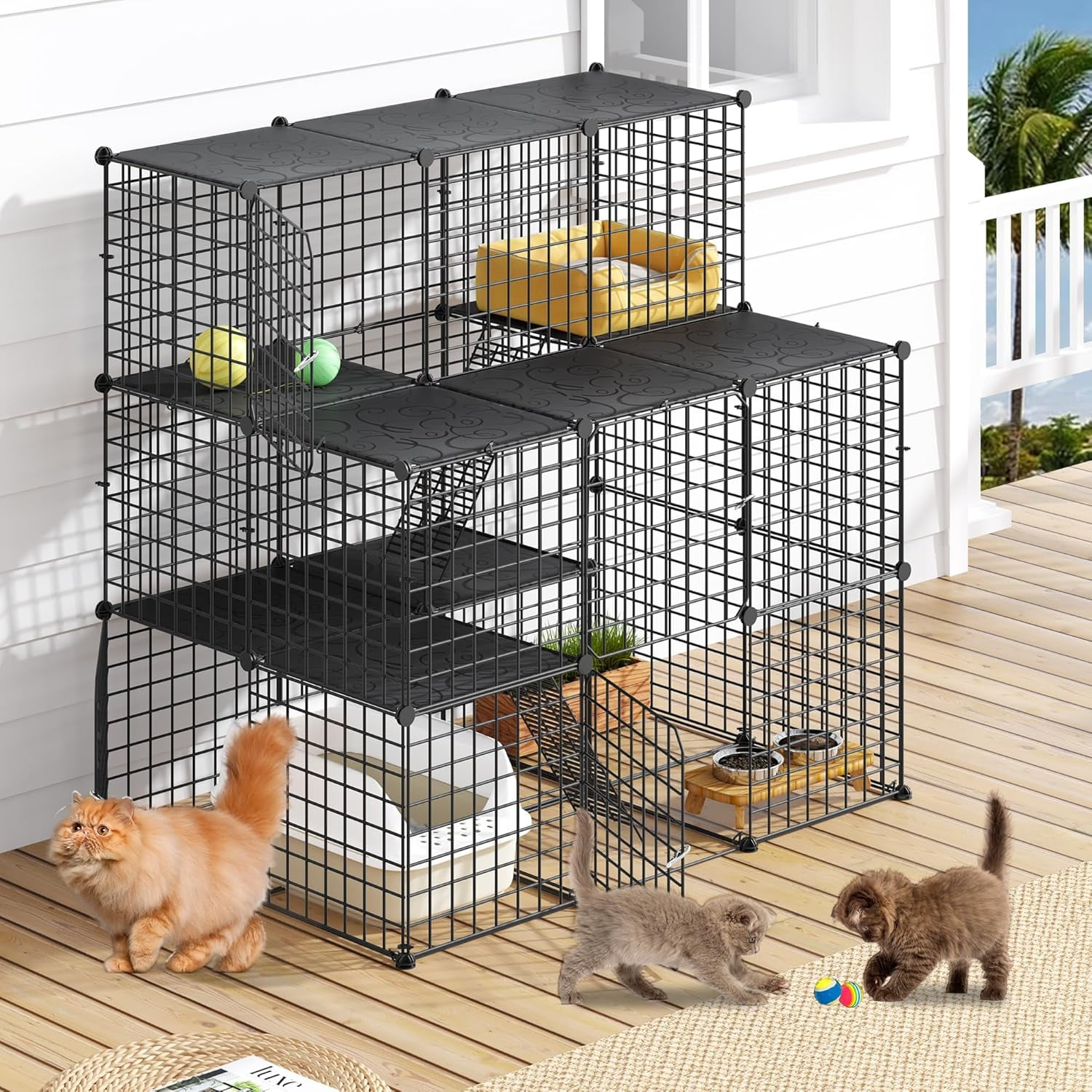 YITAHOME Cat Cage Indoor Catio DIY Cat Enclosures Metal Cat Playpen 3-Tiers Kennels Pet Crate with Extra Large Hammock for 1-2 Cats, Rabbit