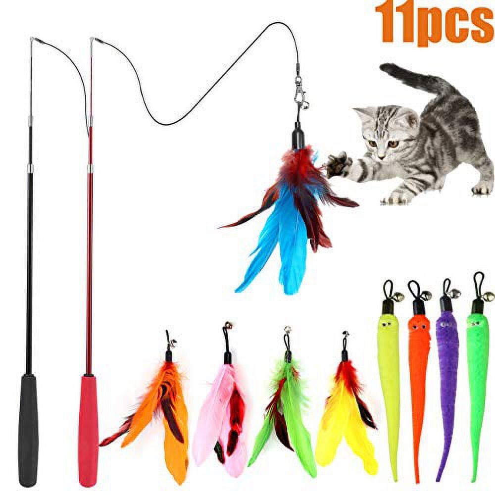 Cat Feather Toy, Retractable Cat Toys Wand 2 Wands & 9 Assorted Teaser Refills, Interactive Feather Teaser Wand Toy Bell Kitt