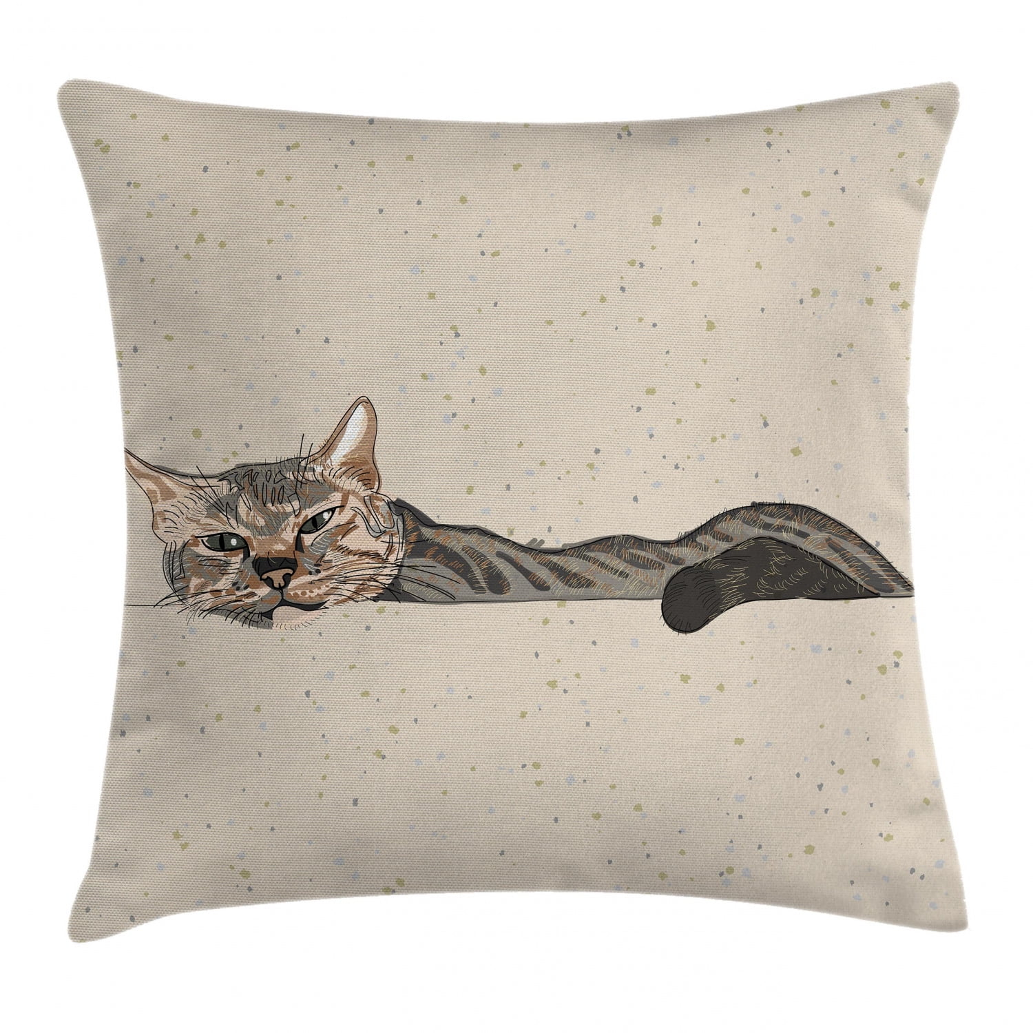 Cat Throw Pillow Cushion Cover, Lazy Sleepy Cat Figure in Earth Tones Cute Furry Mascot Indoor Pet Art Illustration, Decorative Square Accent Pillow Case, 16 X 16 Inches, Grey Beige, by Ambesonne