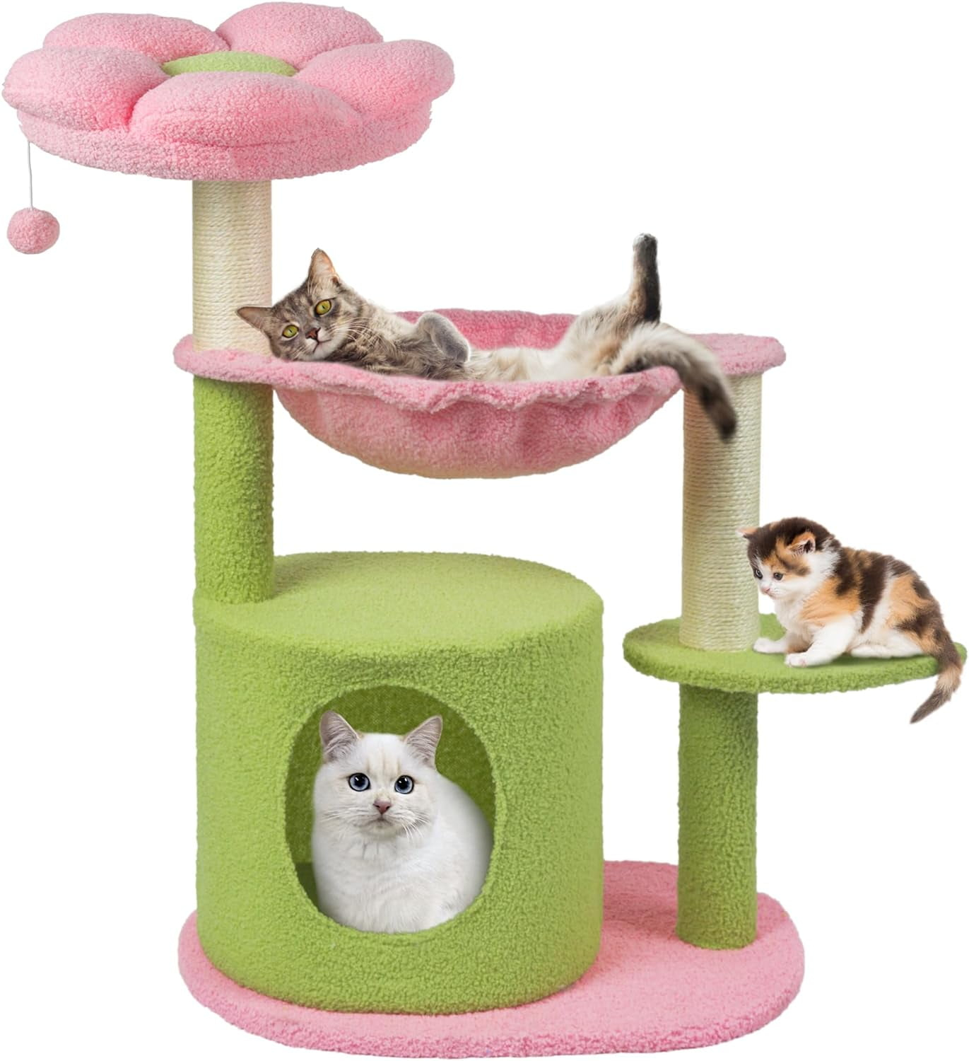 PEQULTI 4-In-1 Multi-Level Cat Tower, 33'' Pink Cat Tree For Indoor Cats With Large Cat Condo, Cat Scratching Post For Cats With Deep Hammock& Cozy Top Perch