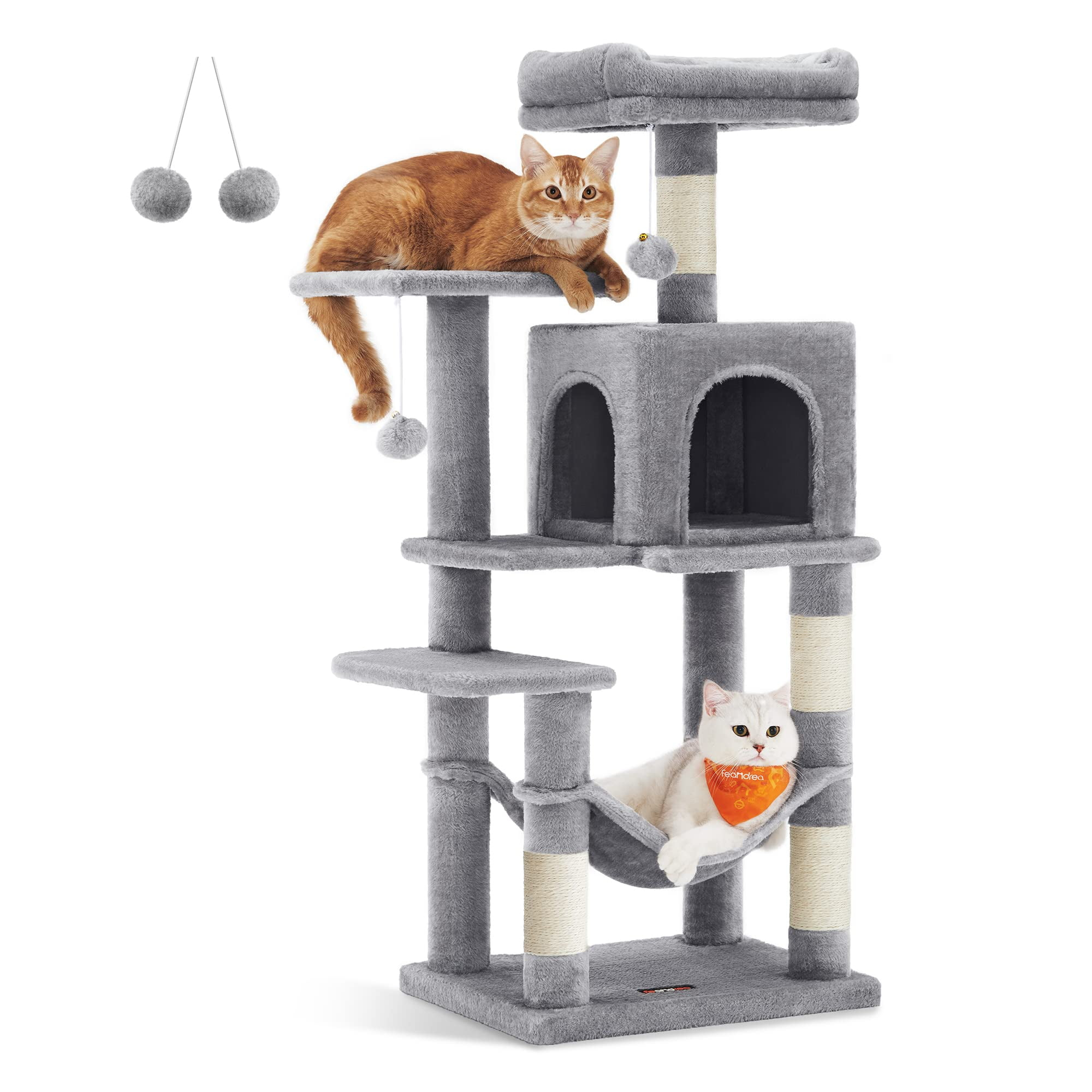 Cat Tree, 44.1" Cat Tower for Indoor Cats, Multi-Level Cat Condo with 4 Scratching Posts, 2 Perches, Hammock, Cave, Light Gray