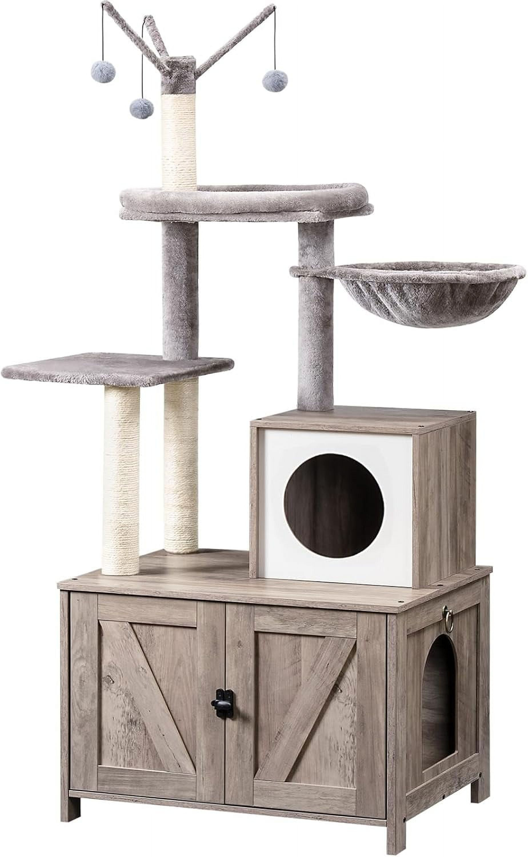 Litter Box Enclosure with Cat Tree, 2-in-1 Cat Tree Tower, Hidden Cat Litter Box Furniture with Scratching Post, Modern Cat Condo, Grey