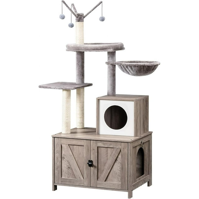 Litter Box Enclosure with Cat Tree, 2-in-1 Cat Tree Tower, Hidden Cat Litter Box Furniture with Scratching Post, Modern Cat Condo, Grey