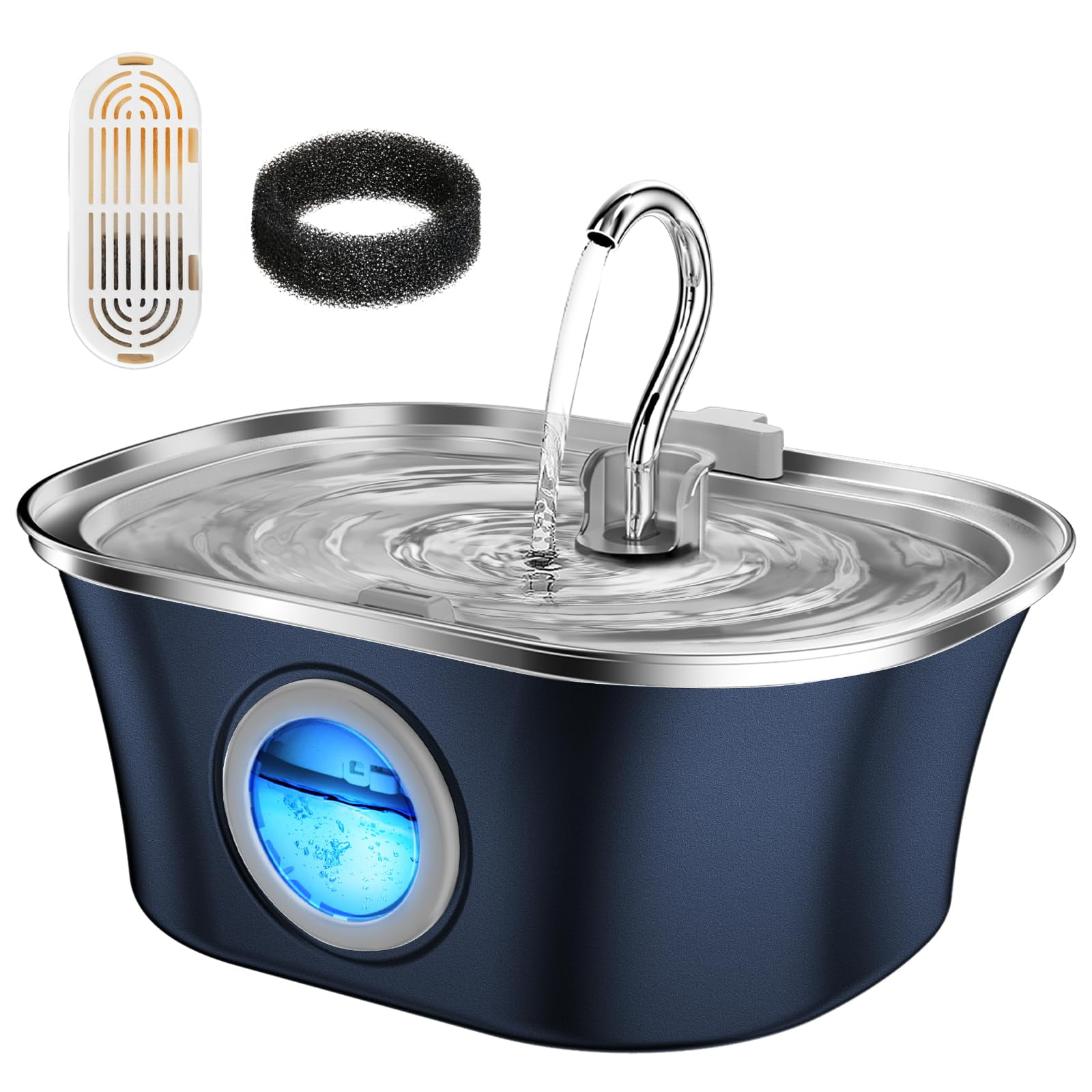 HICC PULE 108oz/3.2L Stainless Steel Cat Water Fountain - Ultra-Quiet Dog Water Dispenser with 3 Packs Filters & 3 Sponges Foam Filters