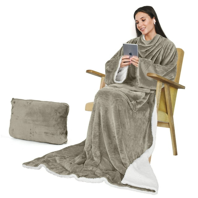 Catalonia Wearable Fleece Throws Blanket with Sleeves and Pocket for Women Men, Could Wrap Full Body Blanket Robe for Lounge Couch 70" x 52"，Machine Washable, Camel