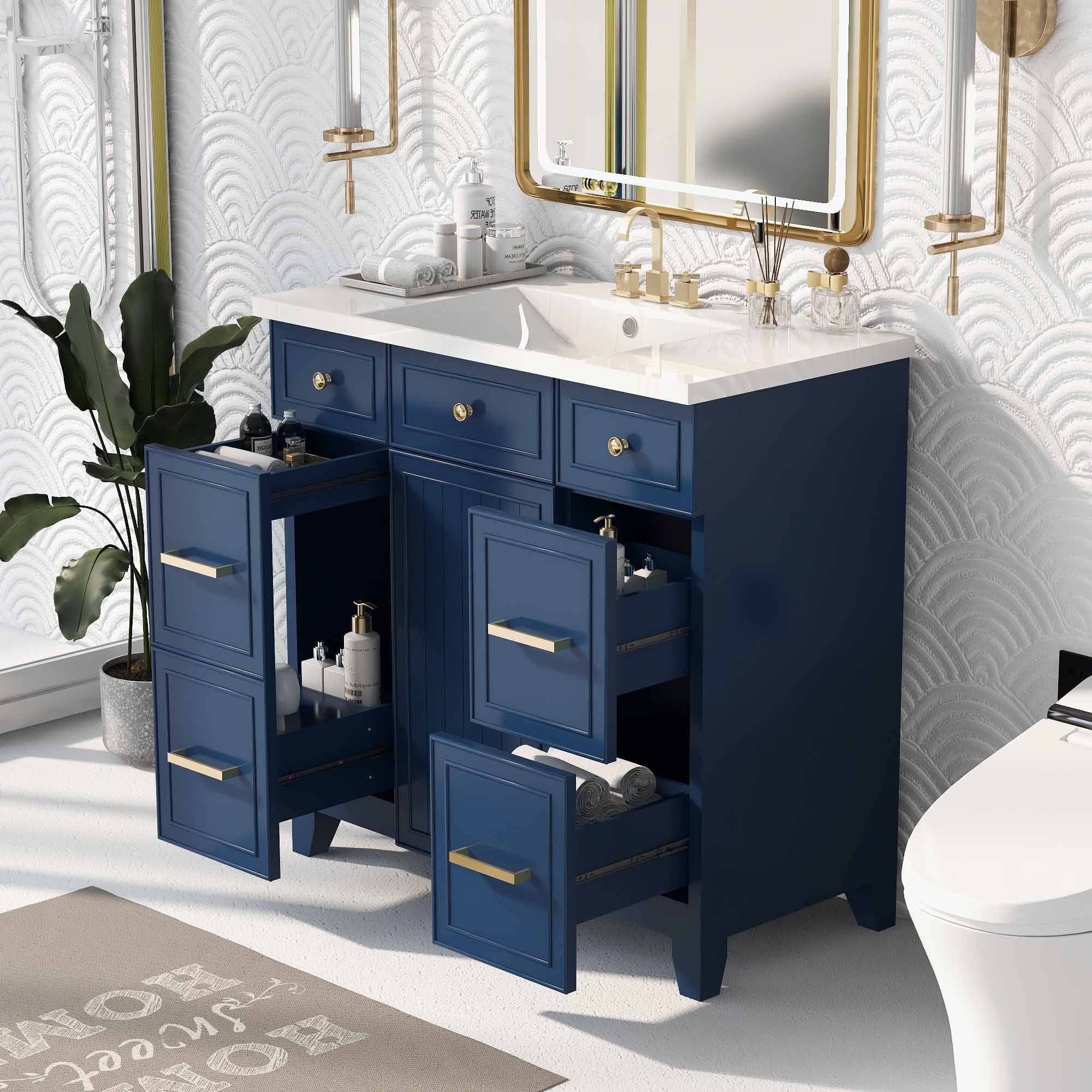 Miekor Furniture 36" Bathroom Vanity Cabinet with Sink Top Combo Set, Navy Blue, Single Sink, Shaker Cabinet with Soft Closing Door and Drawer W5UE-1