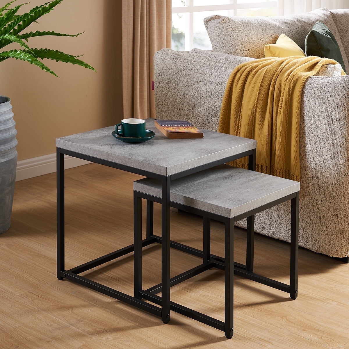 Censi Nesting Coffee Table, Industrial, Wood and Metal, Gray (Set of 2) End Table