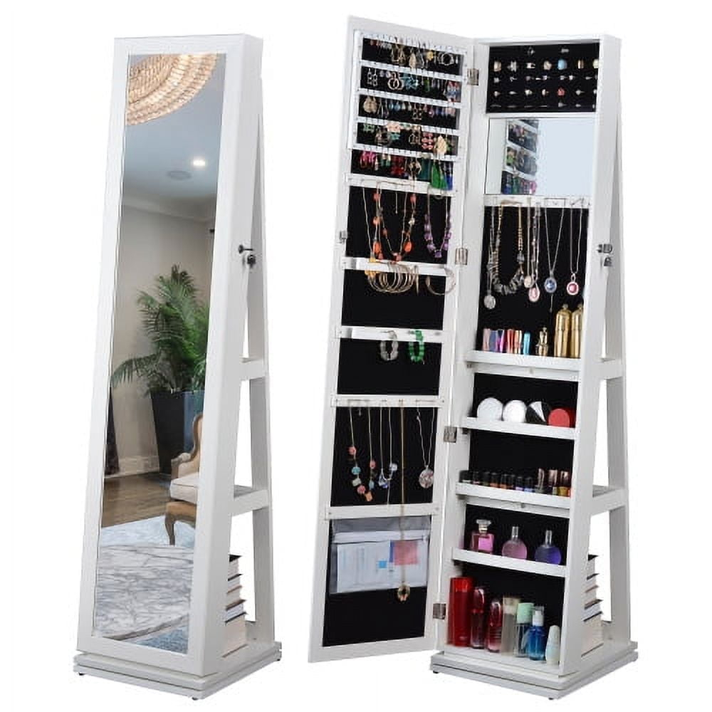 Centra-view Full Length Mirror 360° Swivel Jewelry Cabinet, Lockable, White, 15inx60in