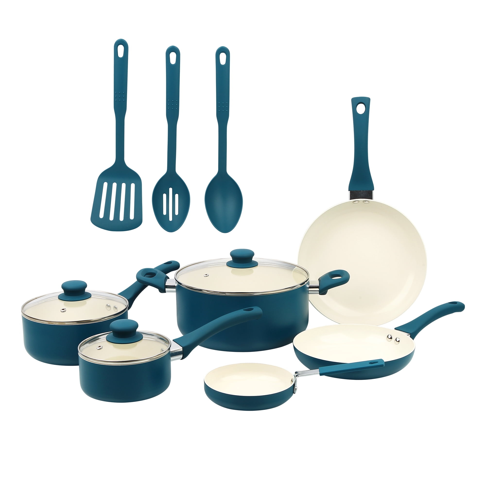 Mainstays 12 Piece Ceramic Nonstick Aluminum Pots and Pans Cookware Set, Blue