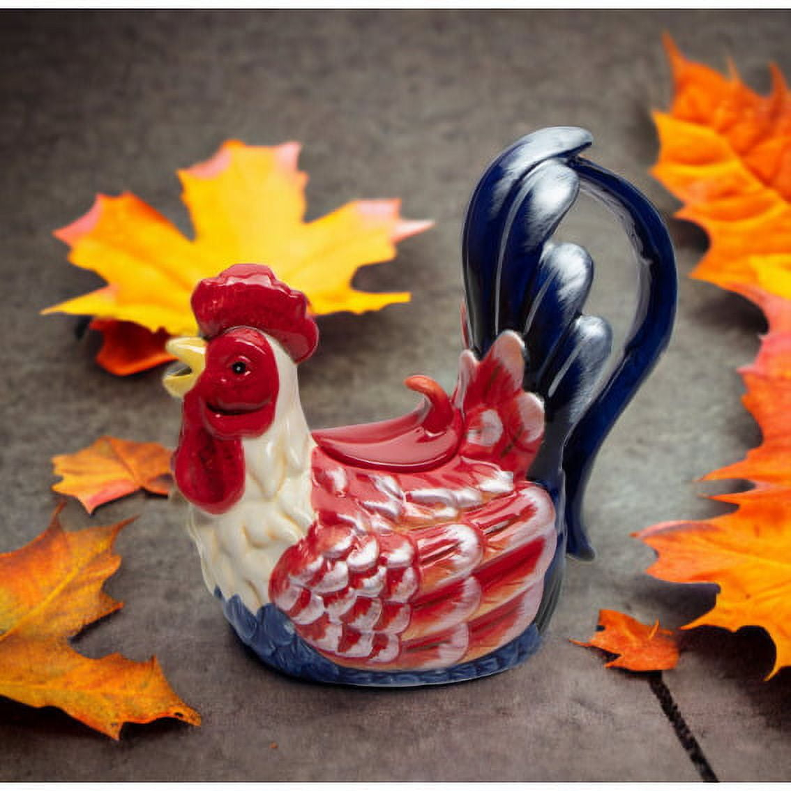 Ceramic Blue Red Rooster Teapot 14oz 7.75x4x7.5 Fall Gift