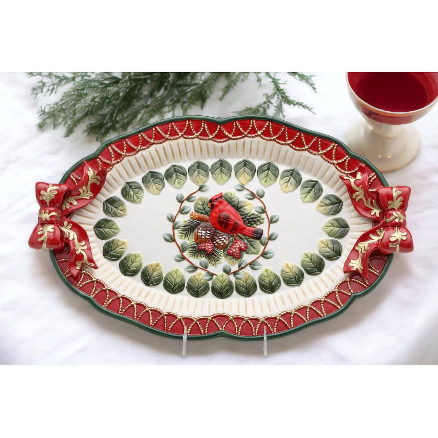Kevins Gift Shoppe Ceramic Christmas Evergreen Holiday Robin Bird Tray