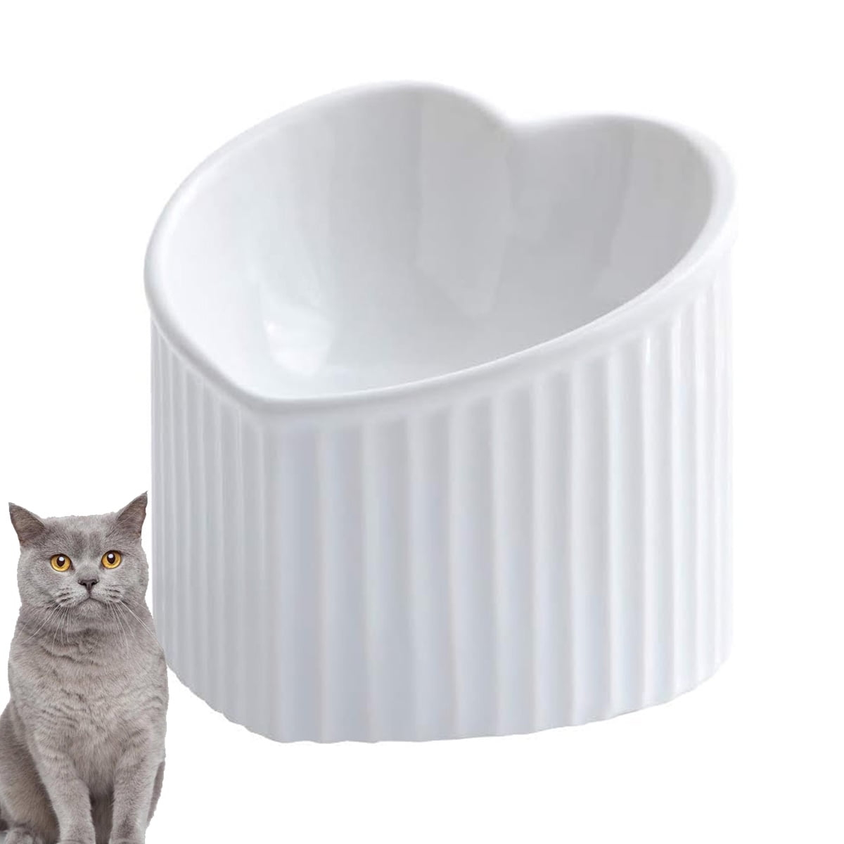 Ceramic Raised Cat Bowls, Tilted Elevated Food or Water Bowls, Stress Free, Backflow Prevention - white