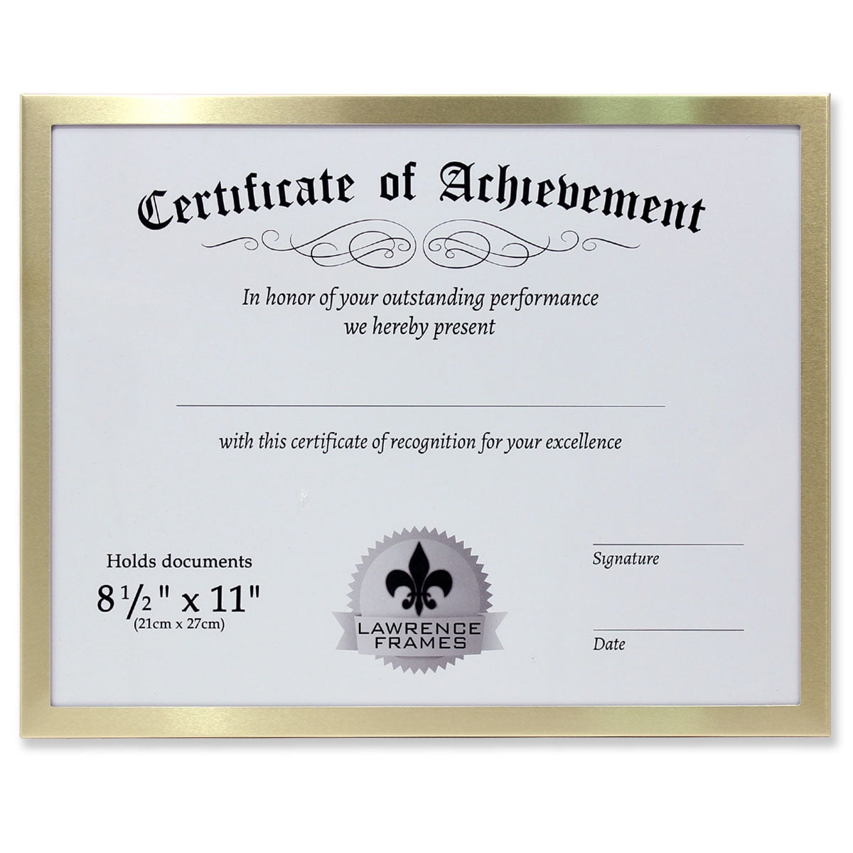 Certificate-size Brushed-Gold Aluminum 11x8one-half inch frame by Lawrence - 8.5x11