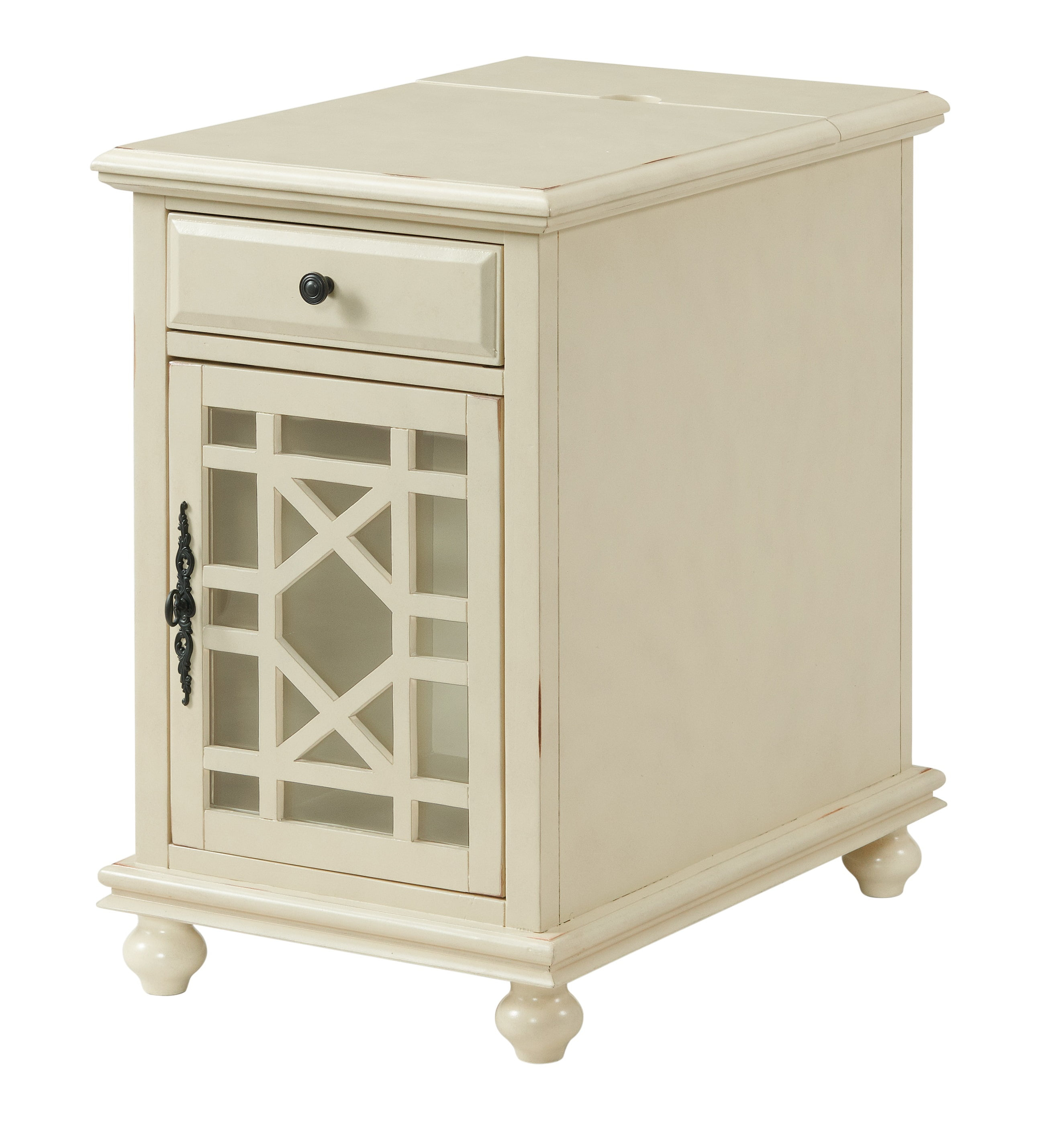 Chairside Table with 1 Drawer and 1 Trellis Door, Antique White- Saltoro Sherpi