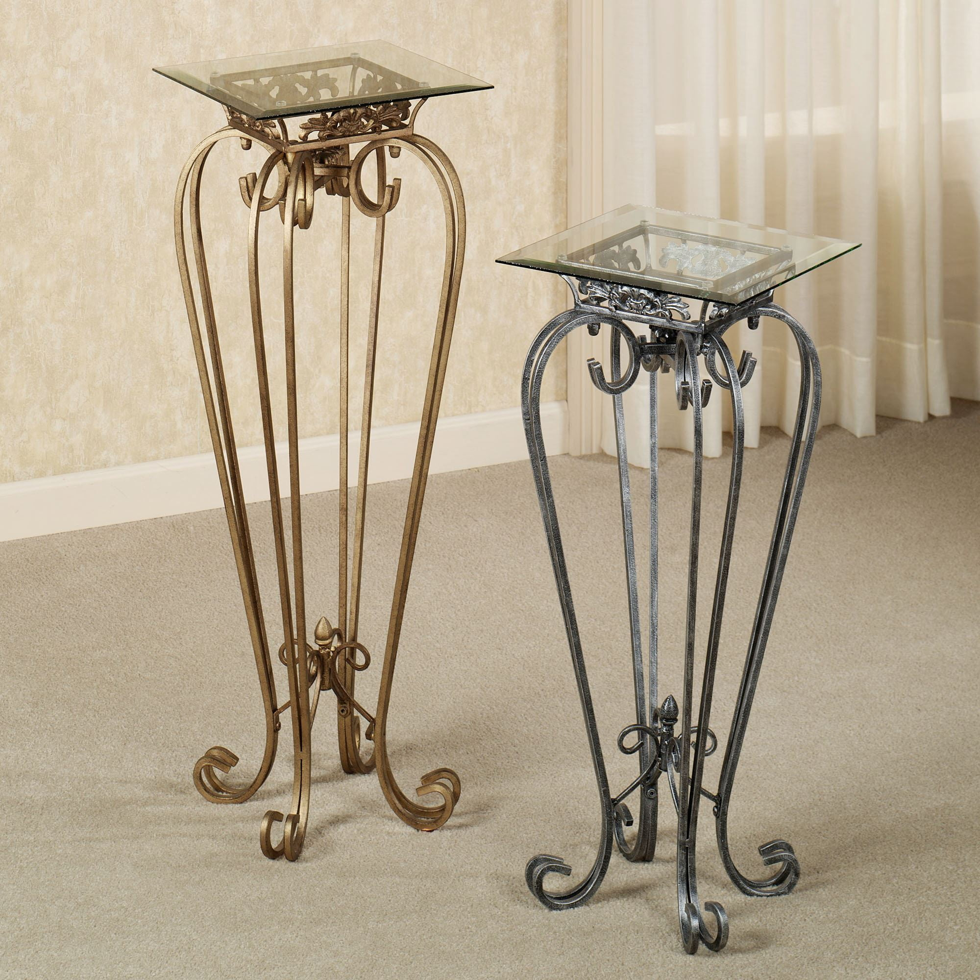 Chalcedony Metal Scroll Pedestal Table with Beveled Glass Top Antique Gold 36" High
