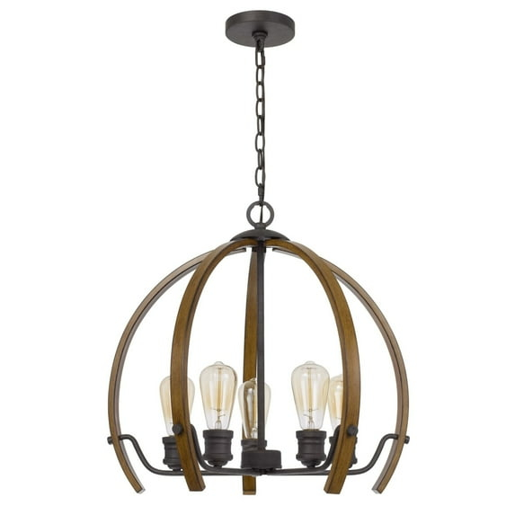 Chandelier with Wooden Bird Cage Design and Metal Support, Brown