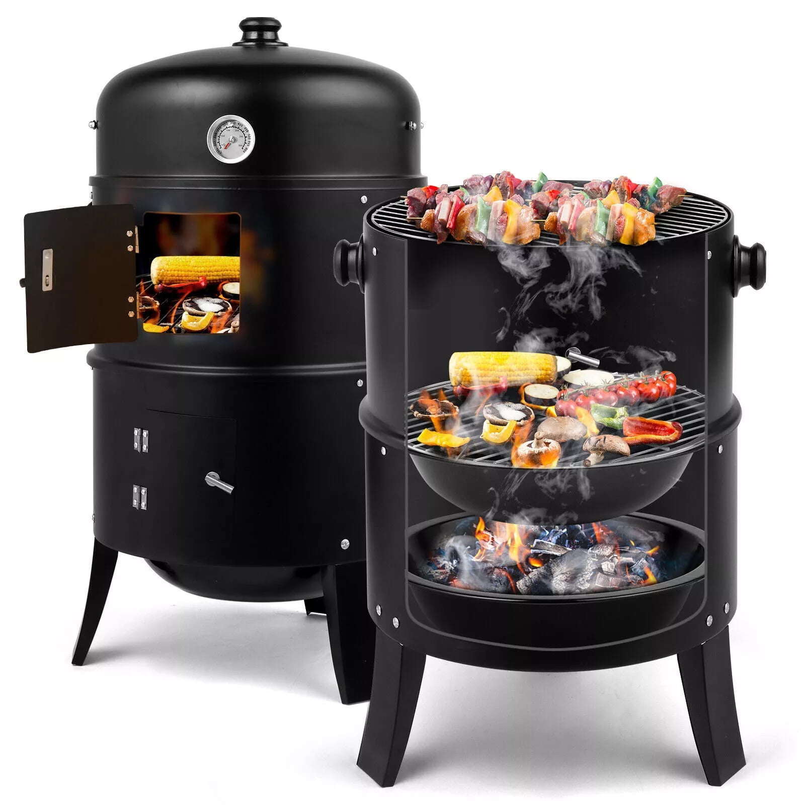 Yunwen 31.5" Charcoal Smoker Grill 3-in-1 Vertical Heavy Duty Charcoal BBQ Smoker Grill