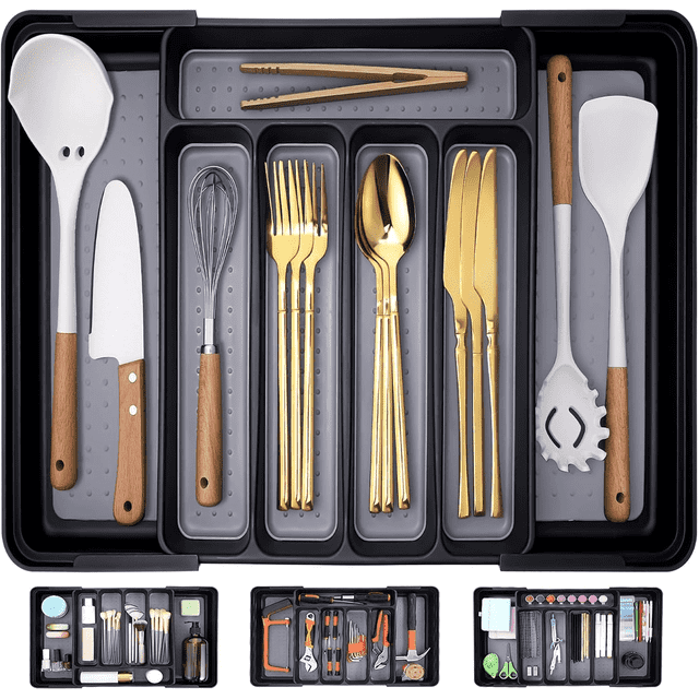 Charext Expandable Silverware Drawer Organizer with Large Capacity, Non-Slip Silicone Pads Flatware Divider, Easy to Clean, Elegant Design Reduces Slippage, Fits Any Kitchen or Home Style