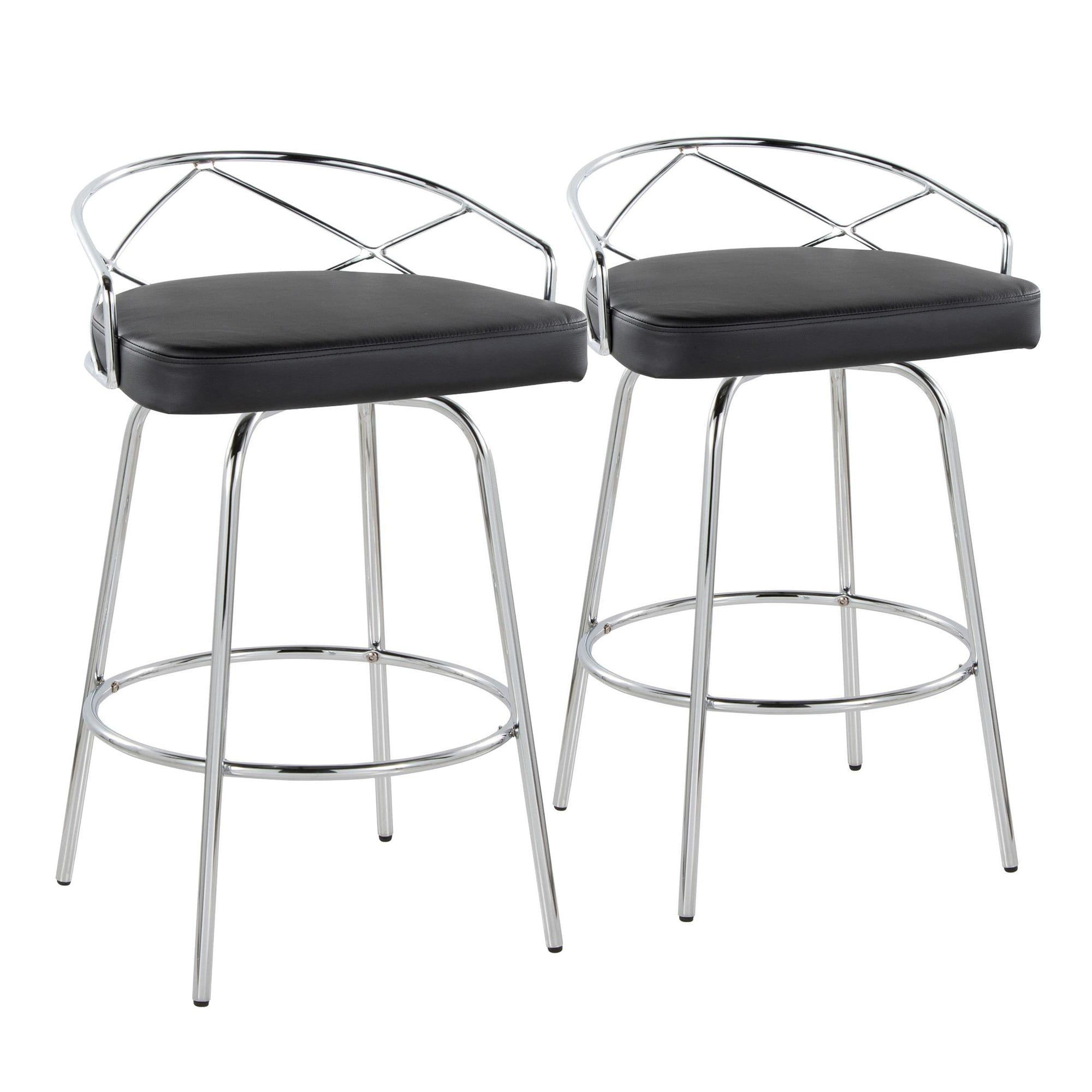 LumiSource Chrome Metal, Black PU Charlotte Glam 26" Fixed-Height Counter Stool - Set of 2