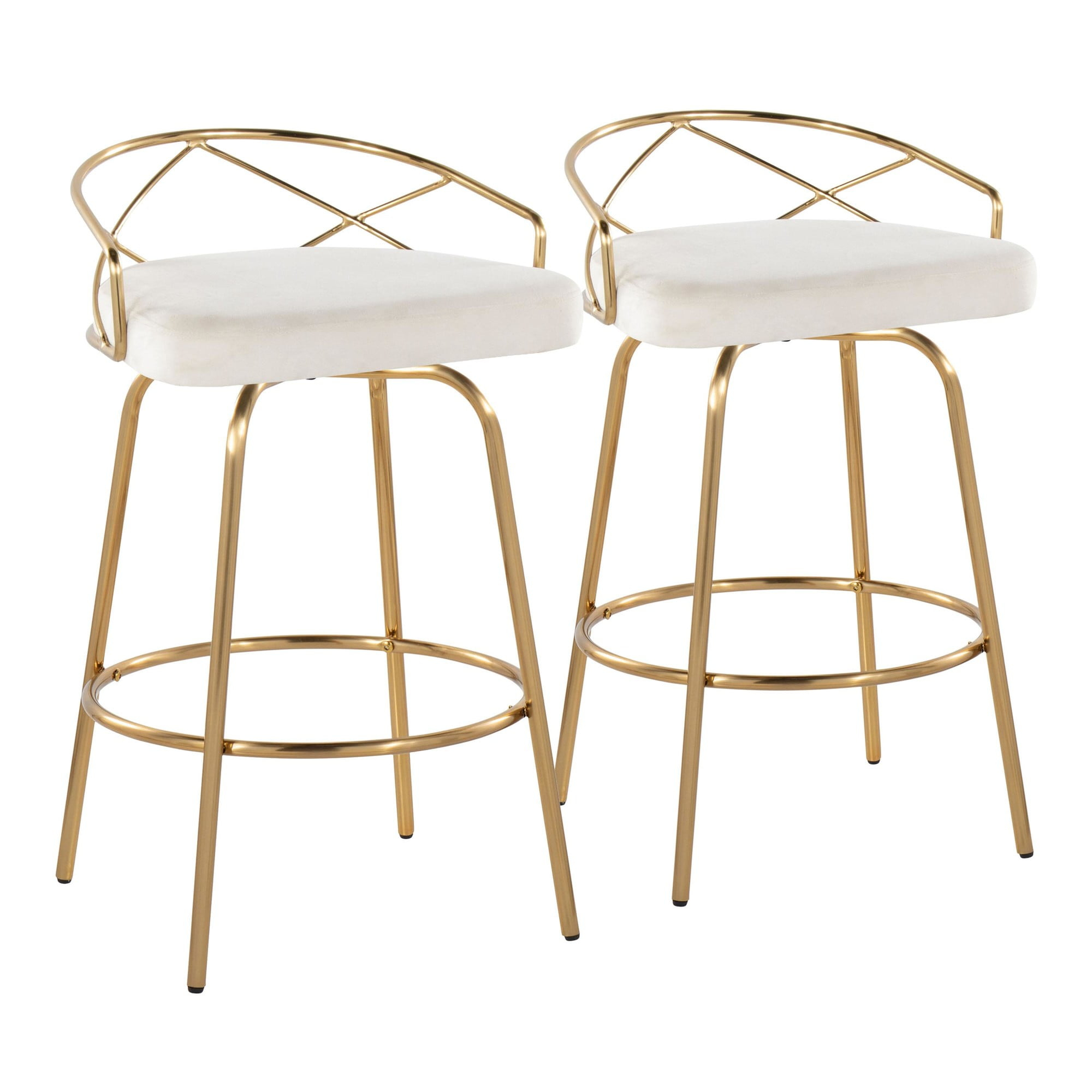 Charlotte Glam 26" Glam/Art Deco Fixed-Height Counter Stool with Swivel in Gold Metal and Cream Velvet with Round Footrest by LumiSource - Set of 2