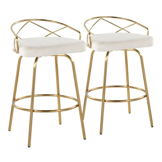 Charlotte Glam 26" Glam/Art Deco Fixed-Height Counter Stool with Swivel in Gold Metal and Cream Velvet with Round Footrest by LumiSource - Set of 2
