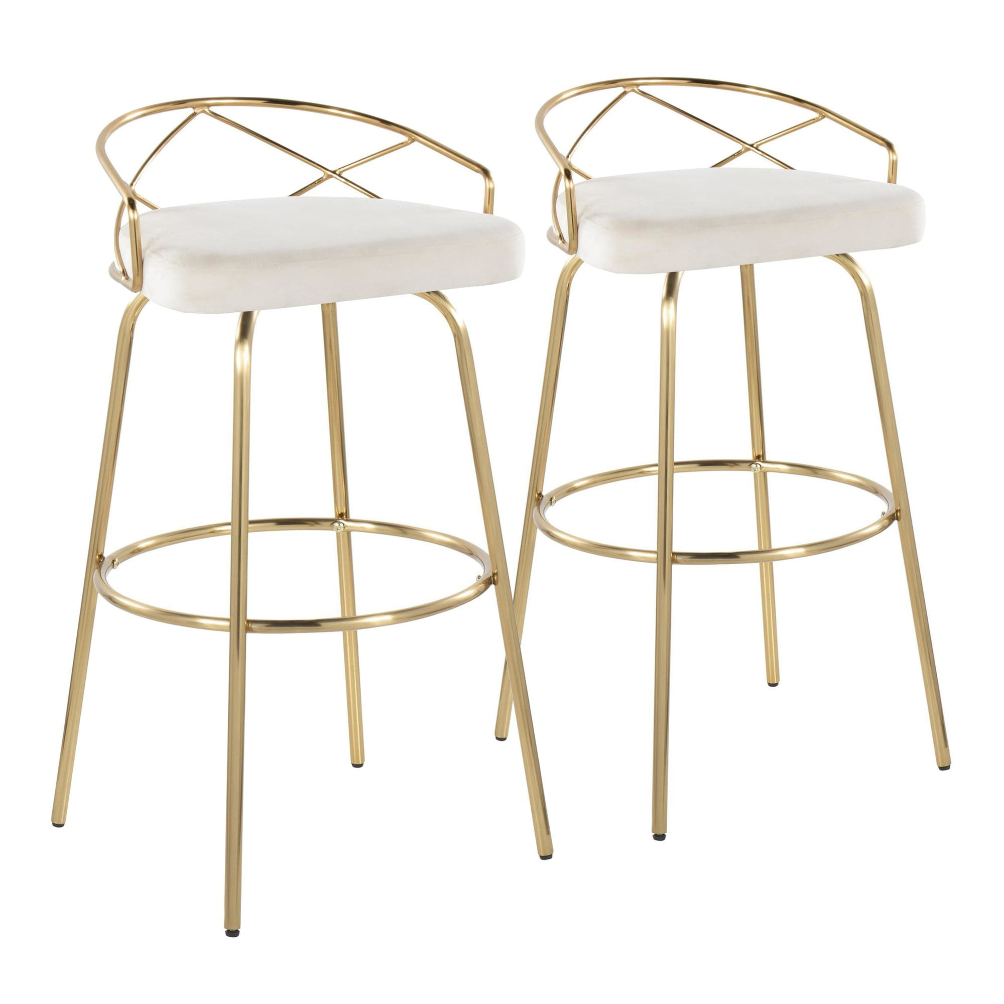 Set of 2 Charlotte Barstools Gold/Cream - LumiSource: Velvet Upholstery, Metal Base, Swivel Seat, Footrest
