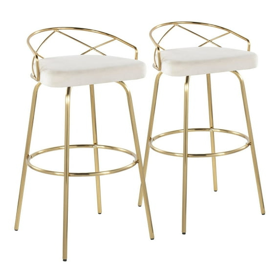 Set of 2 Charlotte Barstools Gold/Cream - LumiSource: Velvet Upholstery, Metal Base, Swivel Seat, Footrest