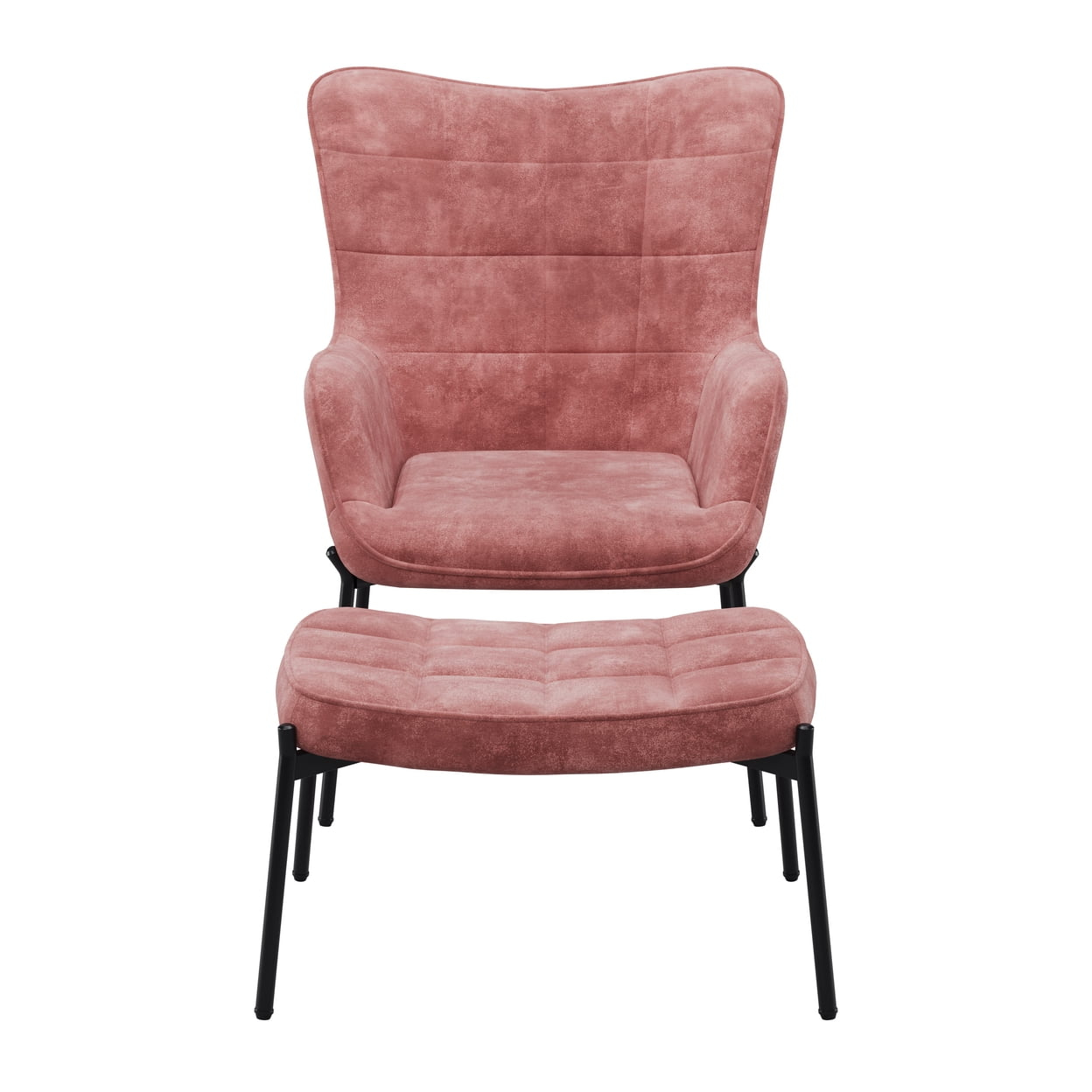 Charlotte Salmon Pink Velvet Fabric Wingback Accent Chair with Foot Stool