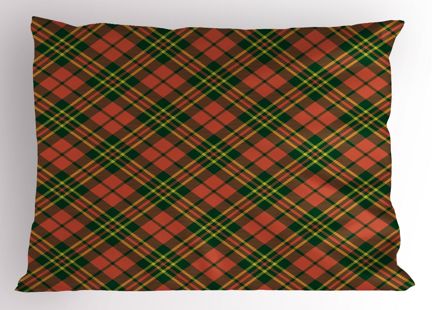 Checkered Pillow Sham Irish Tartan Plaid Motifs in Christmas Colors Geometrical Crossed Stripes, Decorative Standard Size Printed Pillowcase, 26 X 20 Inches, Red Emerald Yellow, by Ambesonne