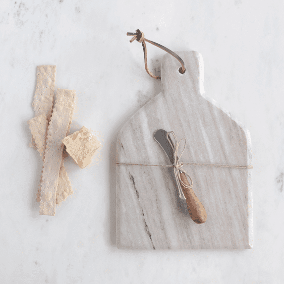 Creative Co-Op Marble Cheese and Cutting Board with Handle, Leather Tie and Canape Knife, Buff