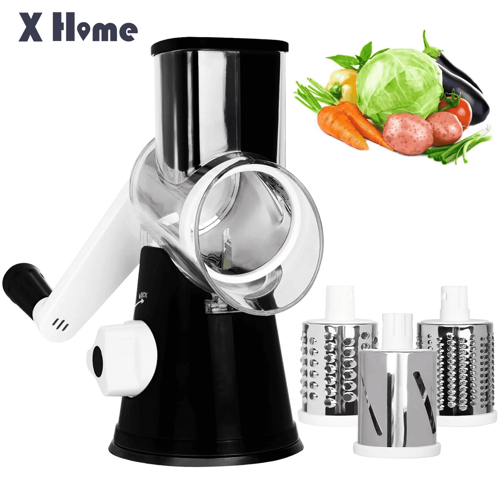 X Home 3 in 1 Cheese Grater Rotary, Cheese Shredder Grater for Kitchen Grater Slicer with 3 Replacement Blades, Potato Slicer Vegetable Chopper with Suction Base, Black