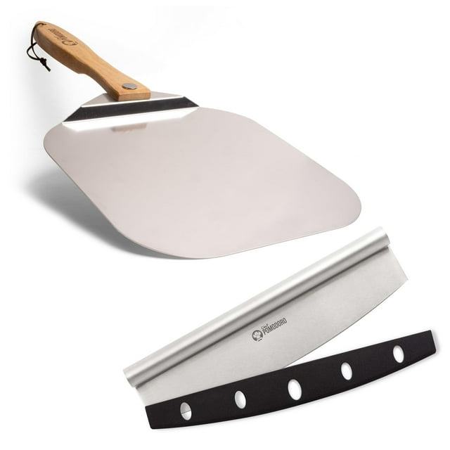 Chef Pomodoro Pizza Peel 12x14" & 14" Stainless Steel Pizza Rocker Cutter Set - Metal Pizza Peel Paddle, Pizza Spatula Paddle, Pizza Cutter Rocker Blade