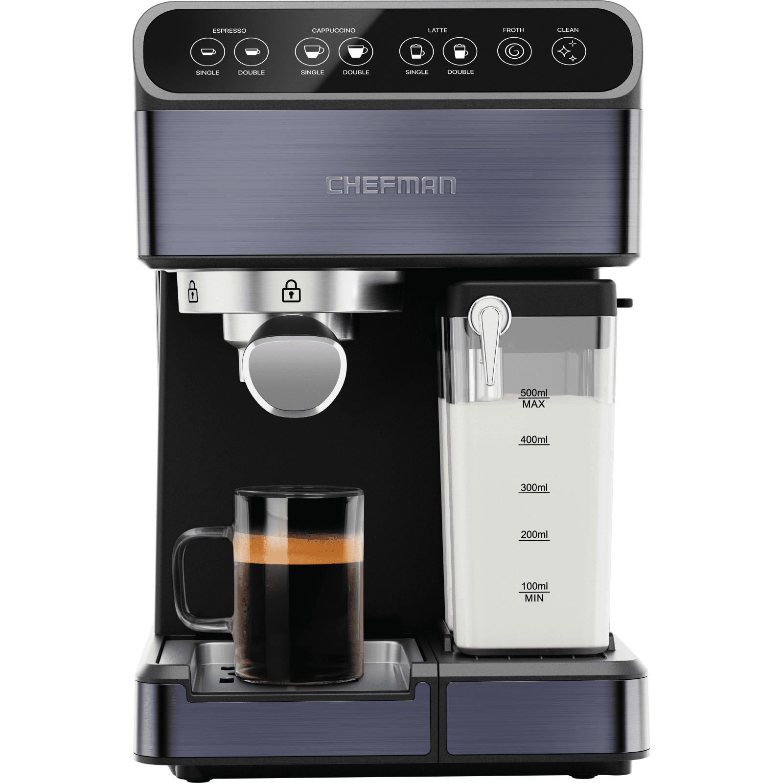 Chefman Barista Pro Plus Espresso Machine w/ Milk Frother, 20 Bar Pump, Black Stainless Steel