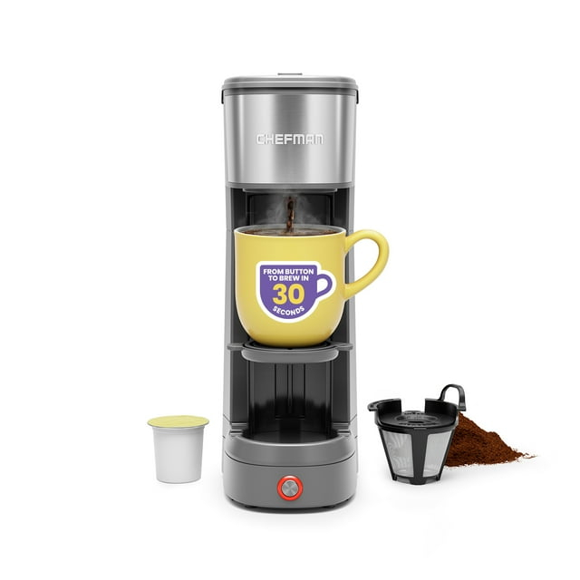 Chefman InstaCoffee Max, Brew Fresh Grounds or K-Cups With a Convenient Built-In Lift, Grey