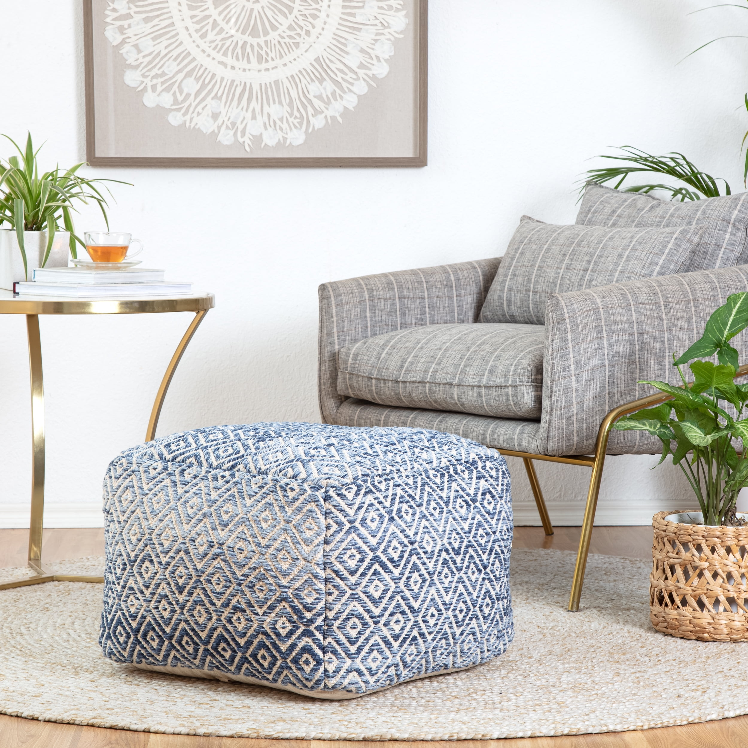 Chero Distressed Diamond 22" Square Pouf Ottoman Blue and Beige