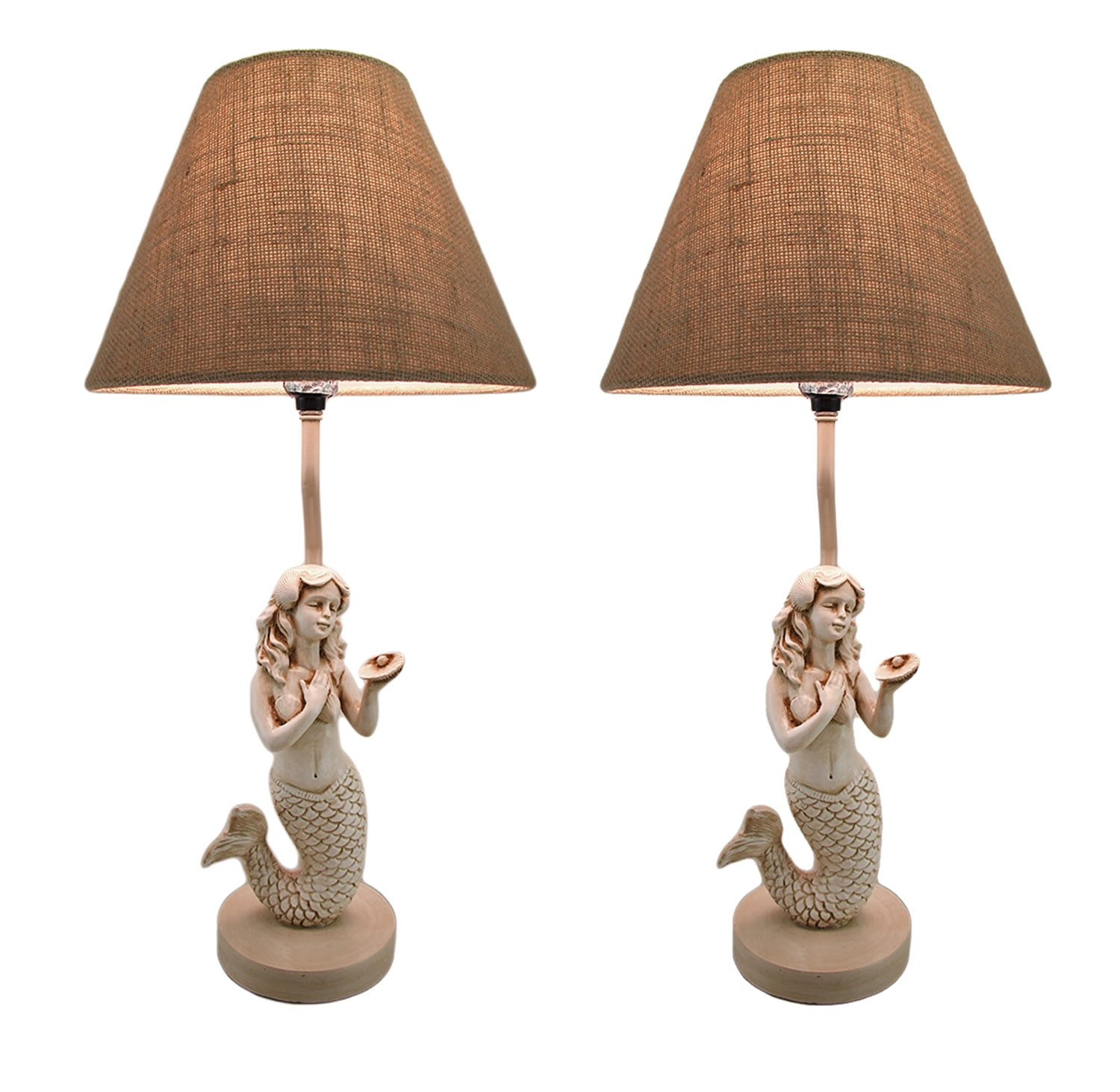 Chesapeake Bay Beige Antique Stone Finish Mermaid Table Lamp with Burlap Shade Set of 2