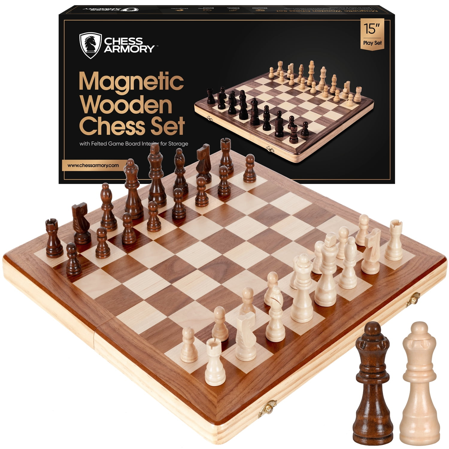 Chess Armory 15" Magnetic Wooden Chess Set with Extra Queens & Storage Box - Perfect for Adults & Kids