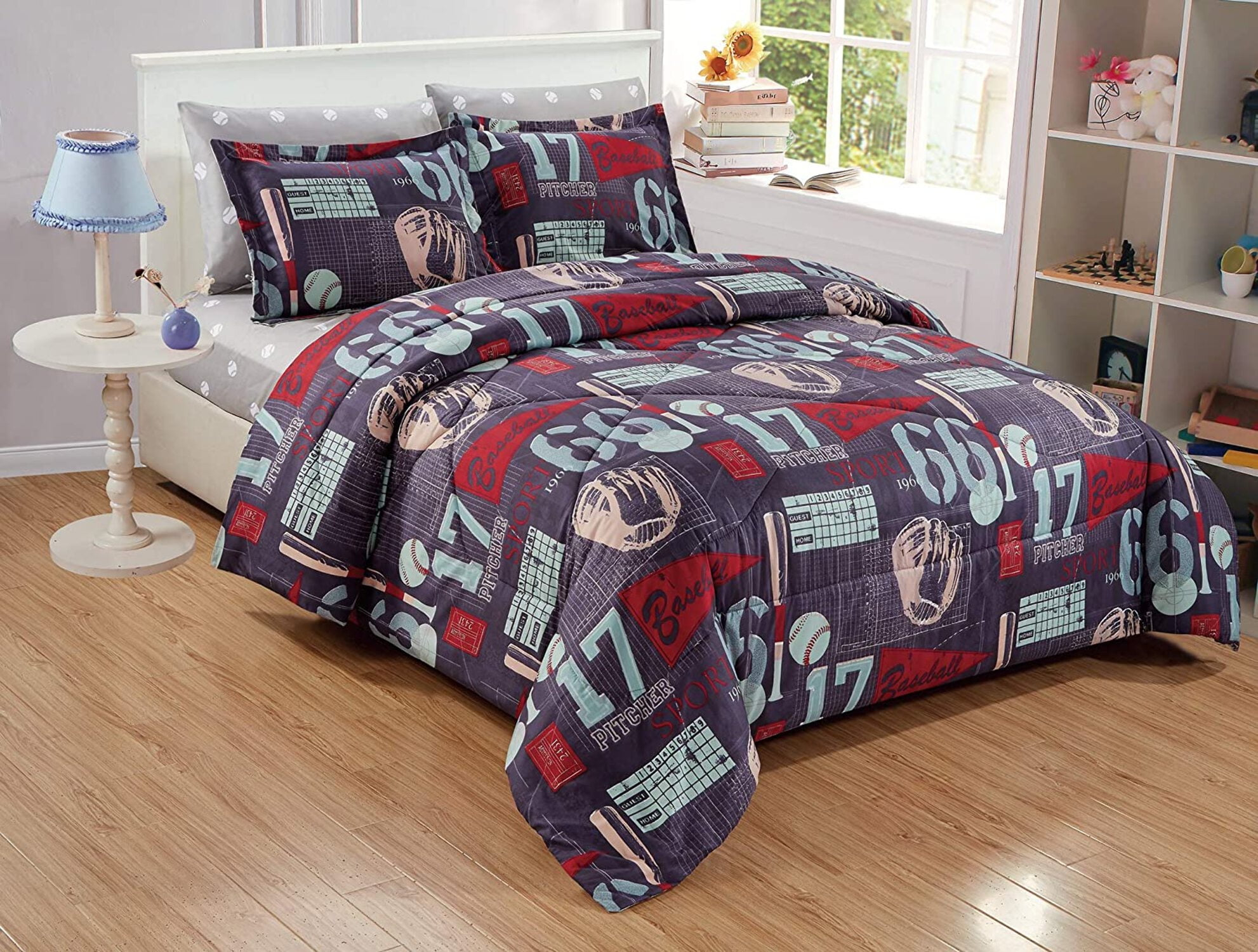 Gray and Red Microfiber Baseball Queen Bed in a Bag Set